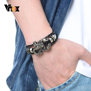 Vnox Vintage Scorpion Charm Bracelets for Men Layered Leather Bangle Gents Male Casual Jewelry