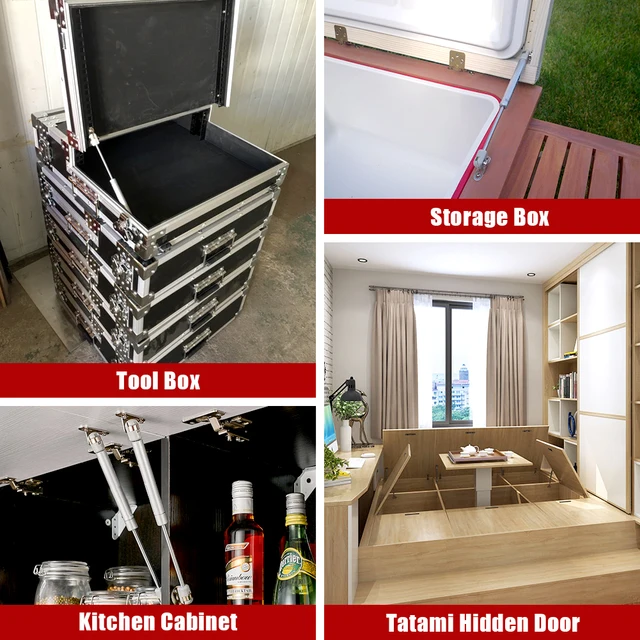 KAK 4 ชิ้นปิดบานพับตู้ 6 กก.ถึง 10 กก.Bench ของเล่นกล่องฝาปิดสนับสนุนแก๊ส Strut ตู้ครัวประตูสนับสนุนฮาร์ดแวร์ 2