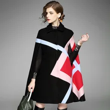 Осень-зима, женский шерстяной плащ, пончо, шерстяное пальто, подиум, черный, пэчворк, рукав "летучая мышь", твидовый плащ, Толстая теплая верхняя одежда