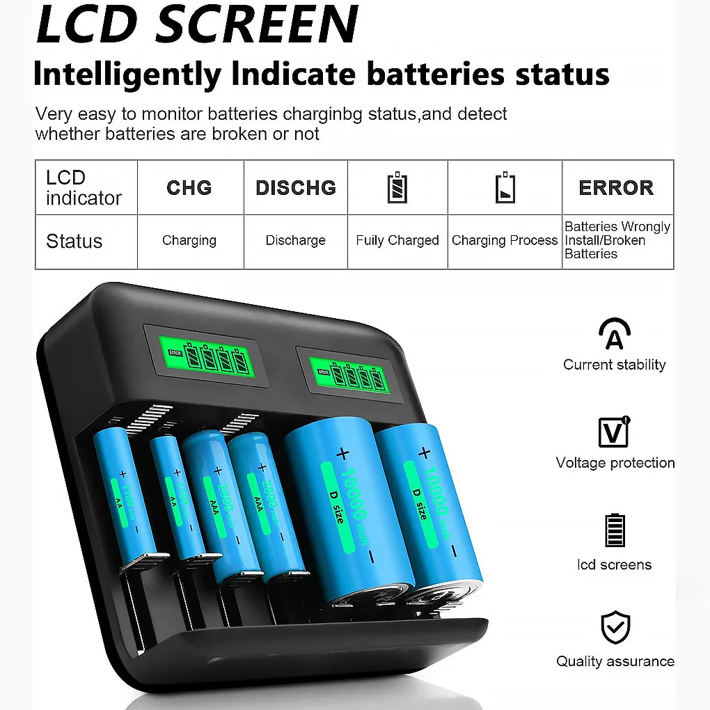 Caricabatterie a 8 slot con alimentazione USB AA/AAA/C/D Caricabatterie ricaricabile con display LCD 2021 Nuovi arrivi_voghion.com