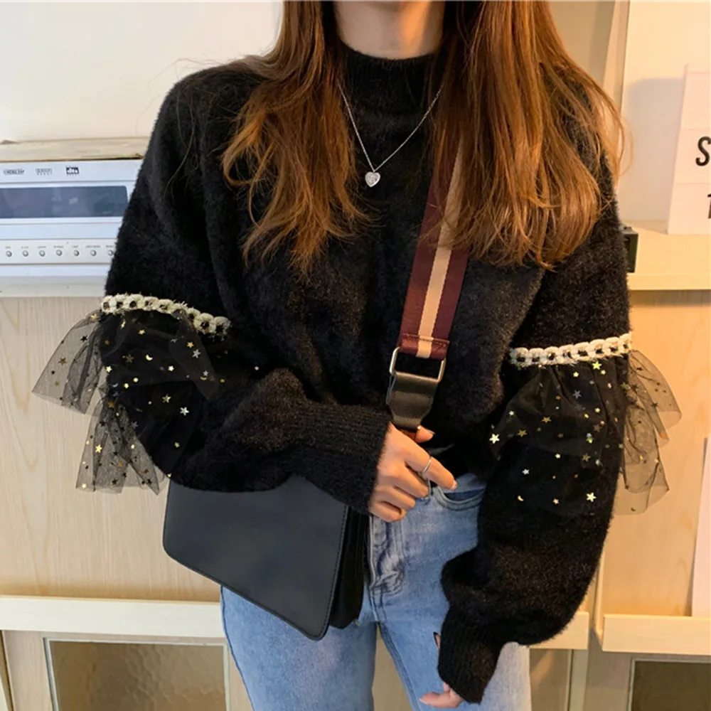 

Bellaza Korean Japanese Style Girls Sweater Autumn Winter New Sweet Lazy Mesh Patchwork Round Neck Lantern Sleeve Sweaters Pull