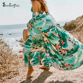 Longo-Vestido largo informal de algodón con estampado para verano, traje playero largo para Mujer, Túnica de playa, 2020