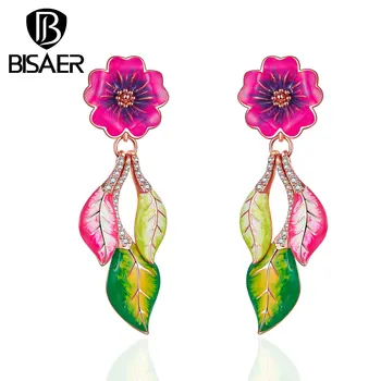 

BISAER Rose Red Color Flaming Flowers Drop Earrings Fashion Jewelry 2019 Earrings For Women Brincos Brinco Oorbellen GCE002