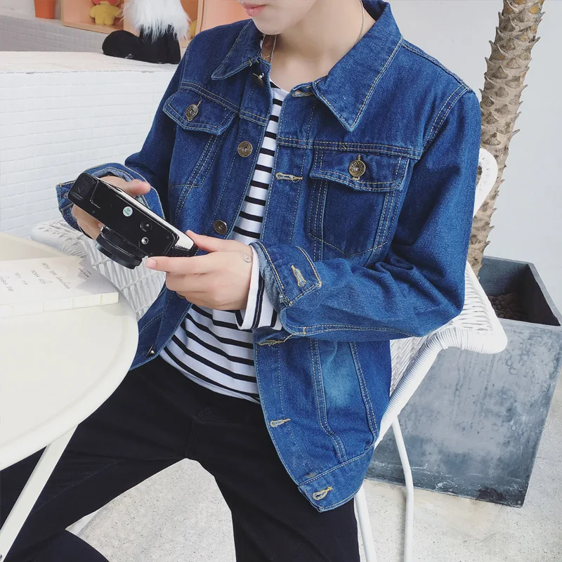 Promo Spring New Hong Kong Style Men's Outerwear Jacket Denim Jacket Solid Blue Jacket Cotton Casual College Windbreaker Jackets