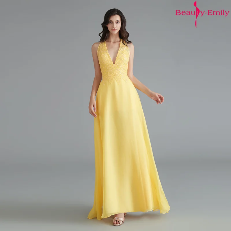 Yellow Красивые кружевные вечерние платья Emily с v-образным вырезом и бусинами, шифоновое вечернее платье без рукавов, платья для выпускного вечера с открытой спиной, Vestido de noche - Цвет: Yellow