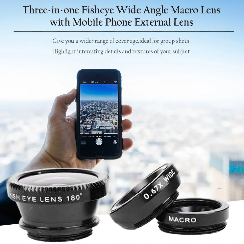 360 Degree Rotate Shark Tail Shaped Clip Photo Camera Lens Kits Universal 180 Degree Fish Lens 0.65X Wide Angle 10X Macro Lens mobile phone lens kit