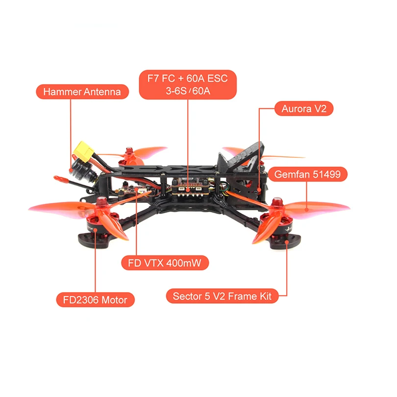 HGLRC Sector5 V2 226 мм FPV Racer Drone PNP/BNF w/F7 60A 4в1 ESC 2306 мотор 1600KV 6 S/2450KV 4S AURORA V2 FPV камера 1200TVL