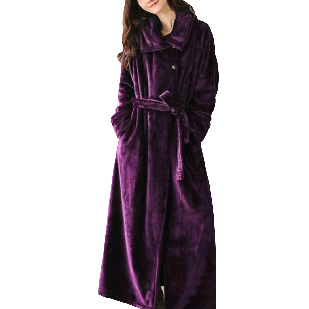 Женский халат, зимний плюшевый халат невесты с поясом, женское длинное кимоно на пуговицах, банный халат, теплая плотная фланелевая одежда для сна, банное платье D25 - Цвет: Фиолетовый