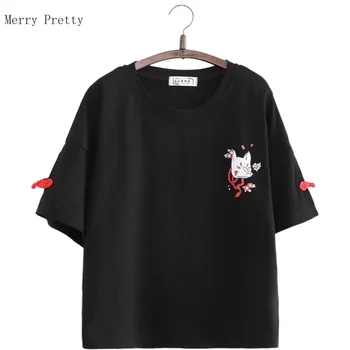 

2020 Summer Women Cotton Round Neck T-shirts Sweet Style Cartoon Fox Print Shory Sleeve T-shirt Harakuju Tops Tees For Female