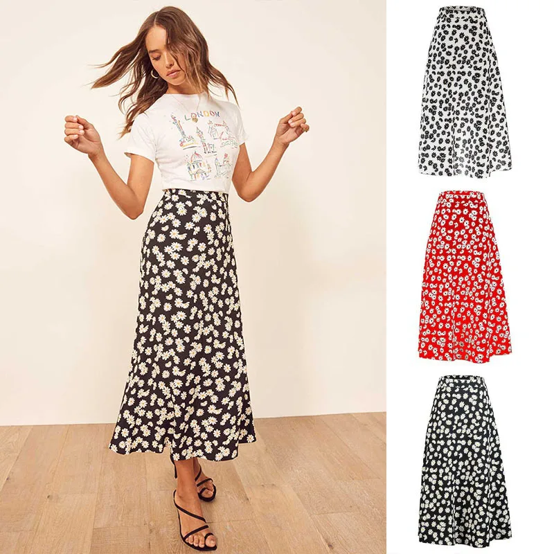 

2020 Long Female Harajuku Korean Style Streetwear Elegant Skirts Zipper Summer High Waist Women Fashion Floral Daisy Skirt