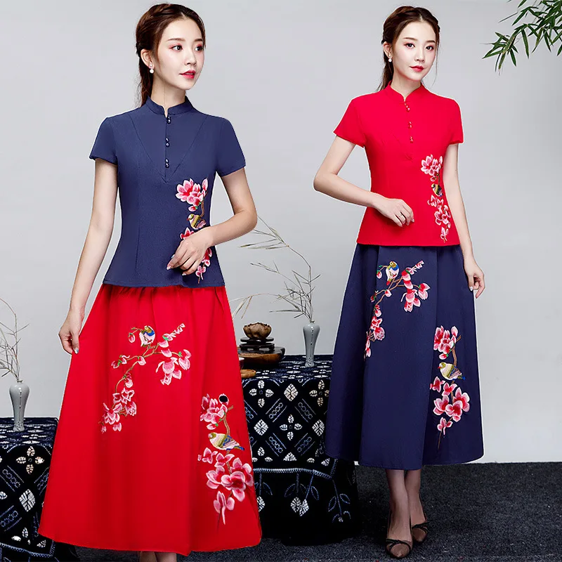 

National Wind Retro Chinese Style Cotton Linen Chinese Costume Embroidery Slim Fit Slimming WOMEN'S Top + Skirt