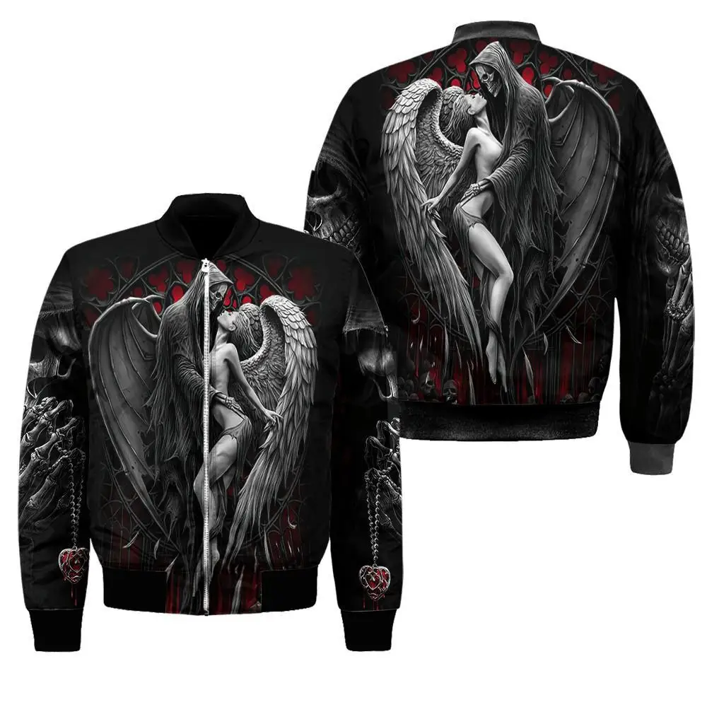 Autumn/Winter Men Bomber Jacket Reaper Skull Angel And Demon 3D Printed Zip Tracksuits coat Unisex Casual Zipper Jacket WP14