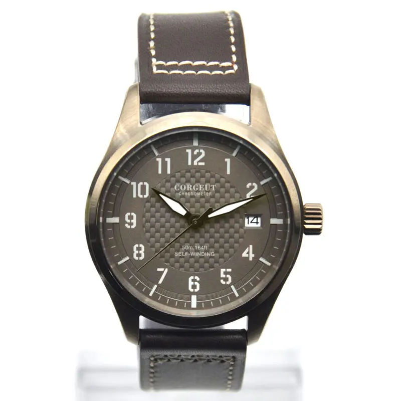 Mens watch CORGEUT aviator40m copper case black dial luminous date NH35automatic movement pilot waterproof mechanical wristwatch afbeelding