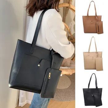 

2 Pc Leather Bags+coin Purse Sets Women's Casual Shopping Handbag Single Should Vintage Big Size Tote Shoulder Bag Bolse