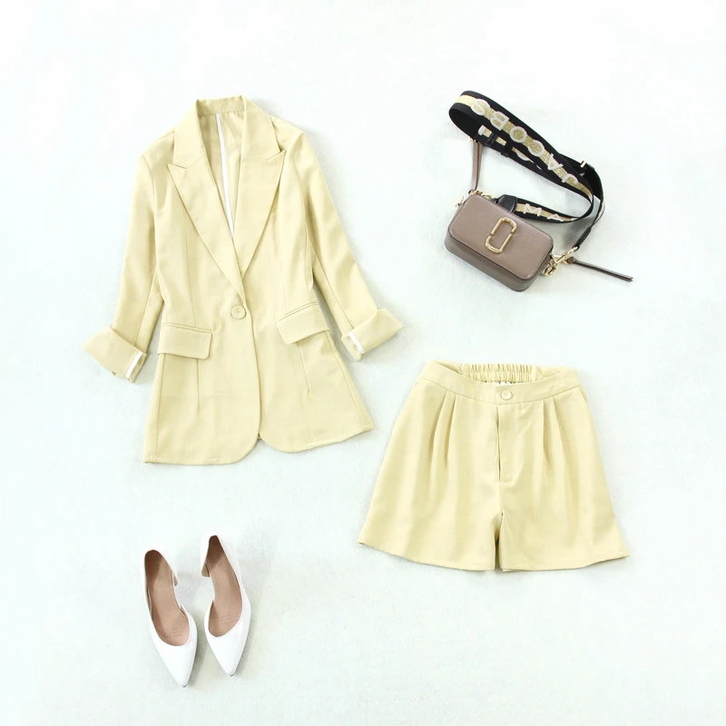 

Women's suit women 2020 spring and summer new large size suit jacket wide leg shorts light yellow temperament fashion clothes