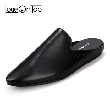 

2019 New summer Men Black Slipper Flats Mules shoes Slip On slides Man Soft Pu Leather half Slipper Man fashion comfortable