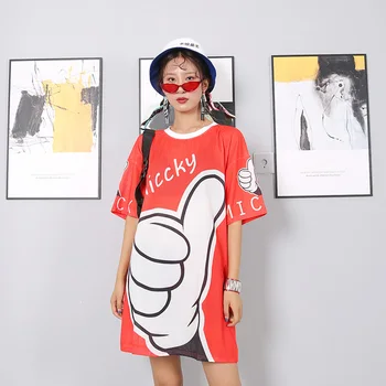 

Women's new short-sleeved loose T-shirt 2020 summer mid-length long thin red printed large size dress tide women