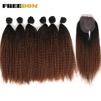 

FREEDOM 16 inch Afro Kinky Straight Hair Weave 6 Bundles With Closure 7pcs/Lot Ombre Synthetic Hair Extension For Black Women