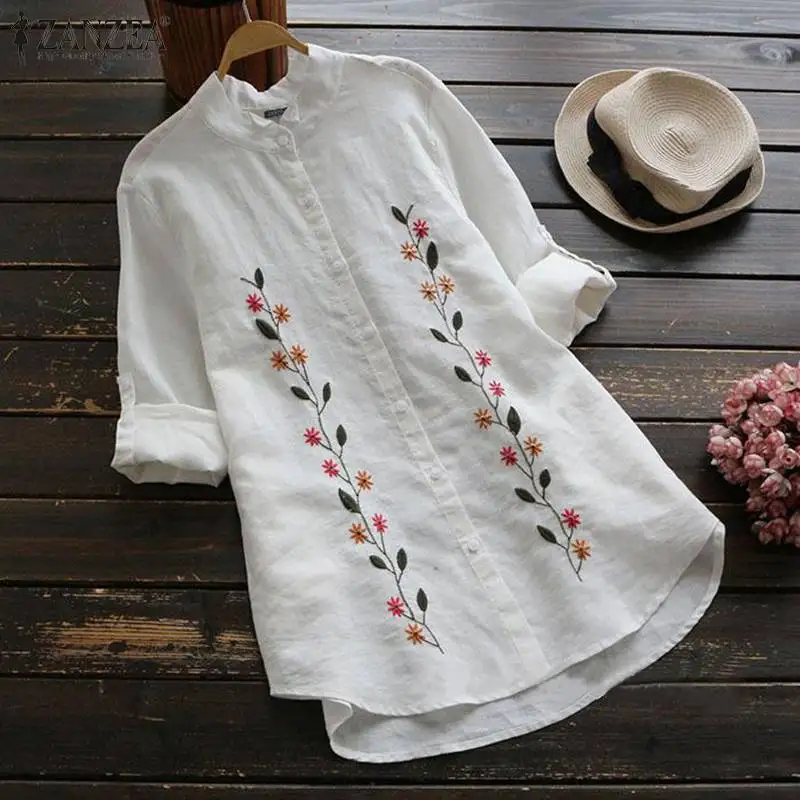  ZANZEA Blouse Women Vintage Embroidery Blusas Female Loose Cotton Shirt Chemise Casual Long Sleeve 