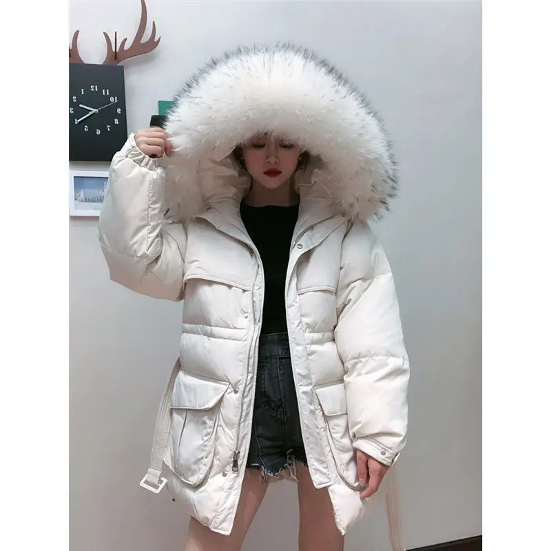 White Down Coat Winter Woman Fashion New Hooded Fur Collar Warm Thicken Cotton Clothing Casual Parkas Belt Overcoat f1401