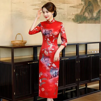 

Big Size 4XL 5XL Women Print Flower Mandarin Collar Cheongsam Chinese Traditional Half Sleeve Long Qipao Evening Party Dress