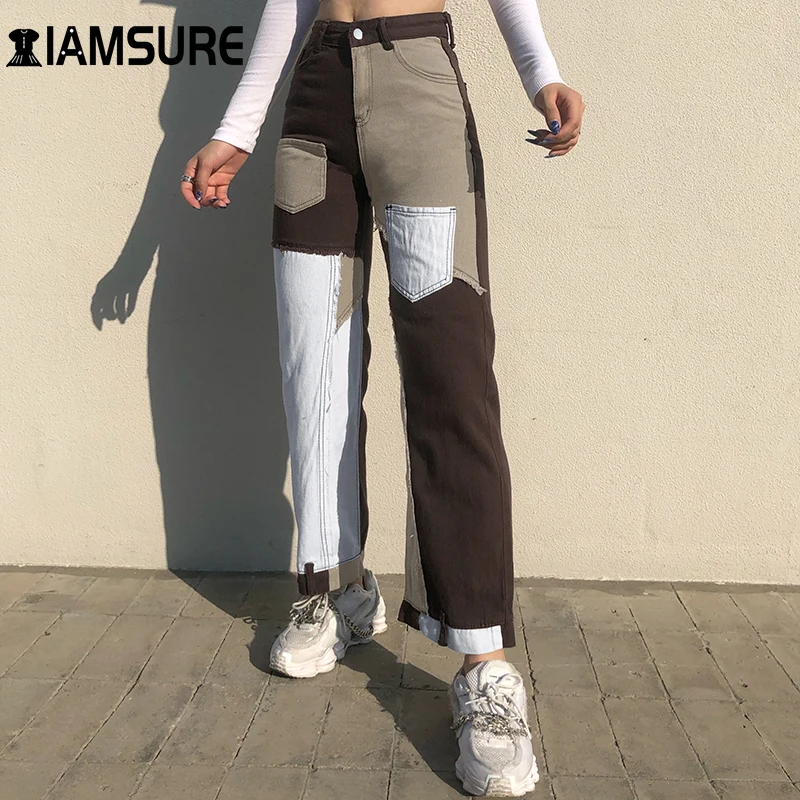 

IAMSURE Brown Color Block Patchwork Loose Jeans Women 2020 Autumn Winter Mid-Waisted Trousers Wide Leg Pants Casual Streetwear