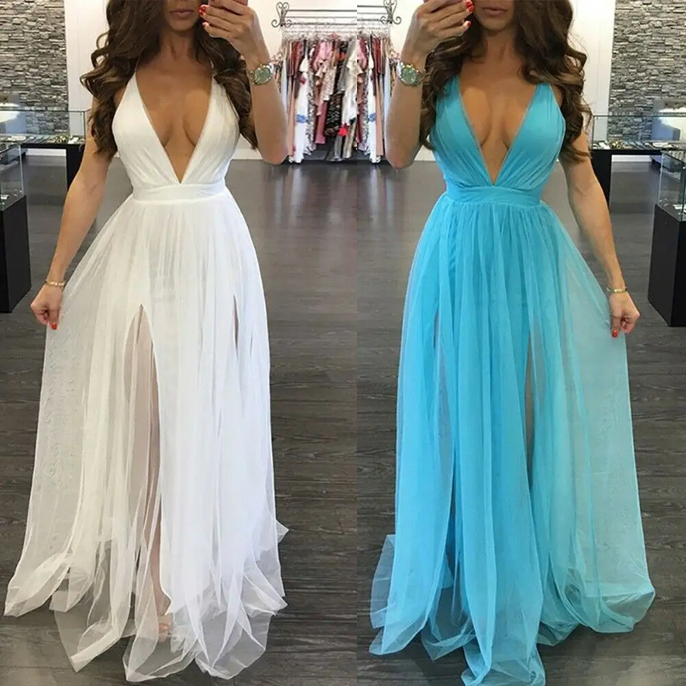 

Mesh Dress Summer Women Ladies Sexy Deep V Neck Mesh Patchwork Dress Maxi Long Evening Party Dress Beach Dress Sundress S-XL