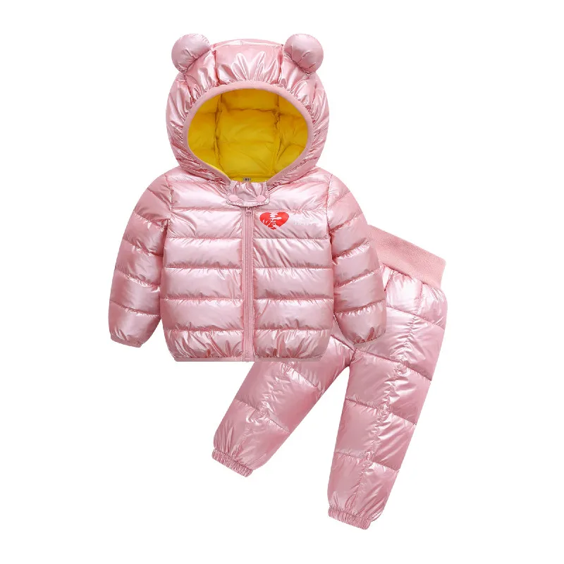 Детский зимний теплый комплект одежды, милая куртка для маленьких мальчиков и девочек+ штаны, детский Модный хлопковый костюм на пуху легкая тонкая верхняя одежда с капюшоном, пальто