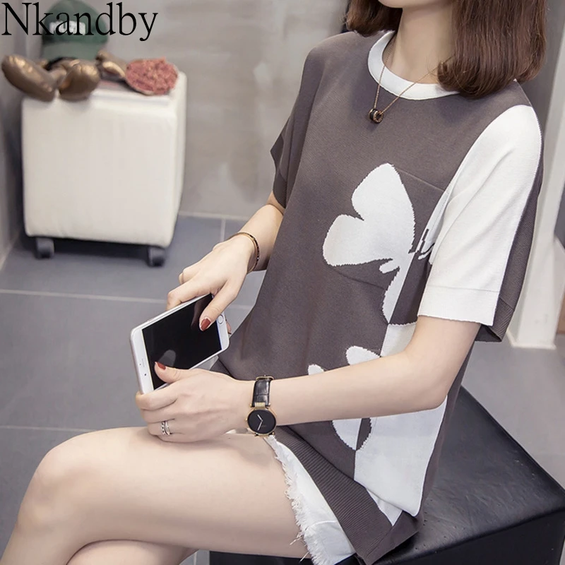 

Plus Size Knit Tops Tshirt Women 2020 Summer Vogue Loose Short Sleeve Patchwork Street Style Oversize Knitwear Graphic T-shirt