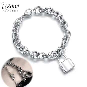 

UZone Stainless Steel Lock Charm Bracelet Square Padlock Pendant Cable Chain Bracelets For Women Men Friendship Gift Candado