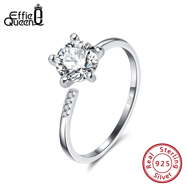 

Effie Queen 100% 925 Sterling Silver AAAA Zircon Solitaire Ring Women Open Ring with Rhinestone Wedding Jewelry Gift SR153