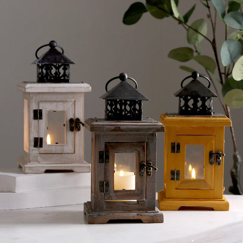 

Retro Iron Candlestick Wooden Vintage Lamp Stand Aromatherapy Glass Candle Holder Home Desktop Ornaments Centerpieces Decoration