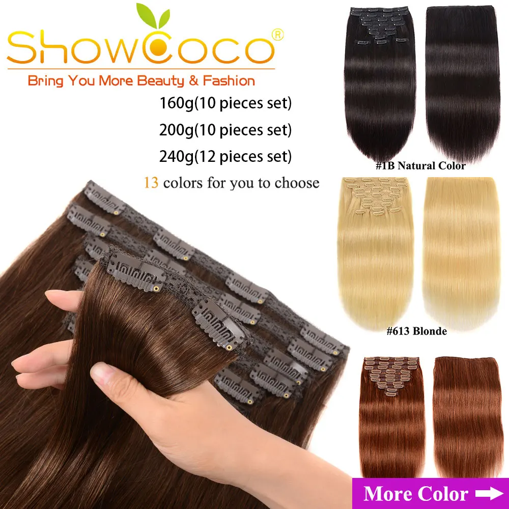 ShowCoco Clip in Hair Extensions Human Hair 200G Natural Extension Machine Remy 10 pieces Silky Straight Human Hair Clip ins