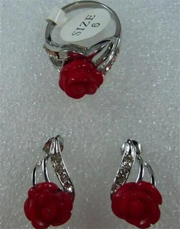 Jewelry Set 12mm Heart Red Coral Flower Stud Earring Ring Free Shipping | Украшения и аксессуары