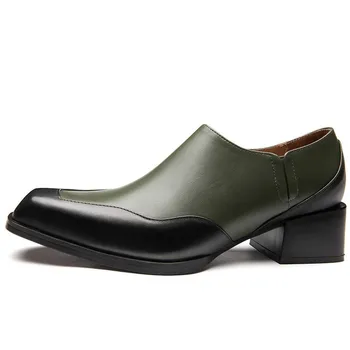 

Toe Fashion Men Square Cowhide Genuine Leather Dress Shoes Slip On Loafers Color Mixed Block Med Heels Business Man Formal Shoes