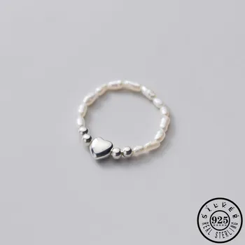 

925 Sterling Silver Irregular Natural Freshwater Pearls Wedding Bands Adjustable Elastic Finger Heart Shaped Rings for Women