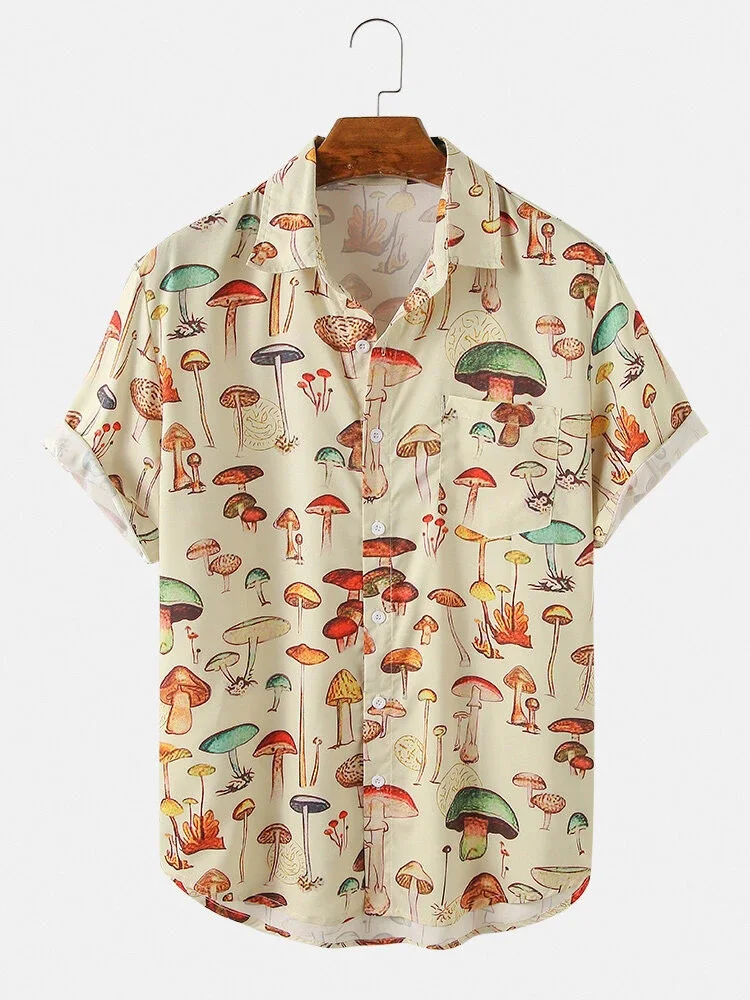 Summer Men Hawaiian Shirts Lapel Chest Pocket Short Sleeve Colorful Element Mushroom Pattern Print Button Up Casual Shirt casual short sleeved shirt,short sleeved shirt,hawaiian shirt