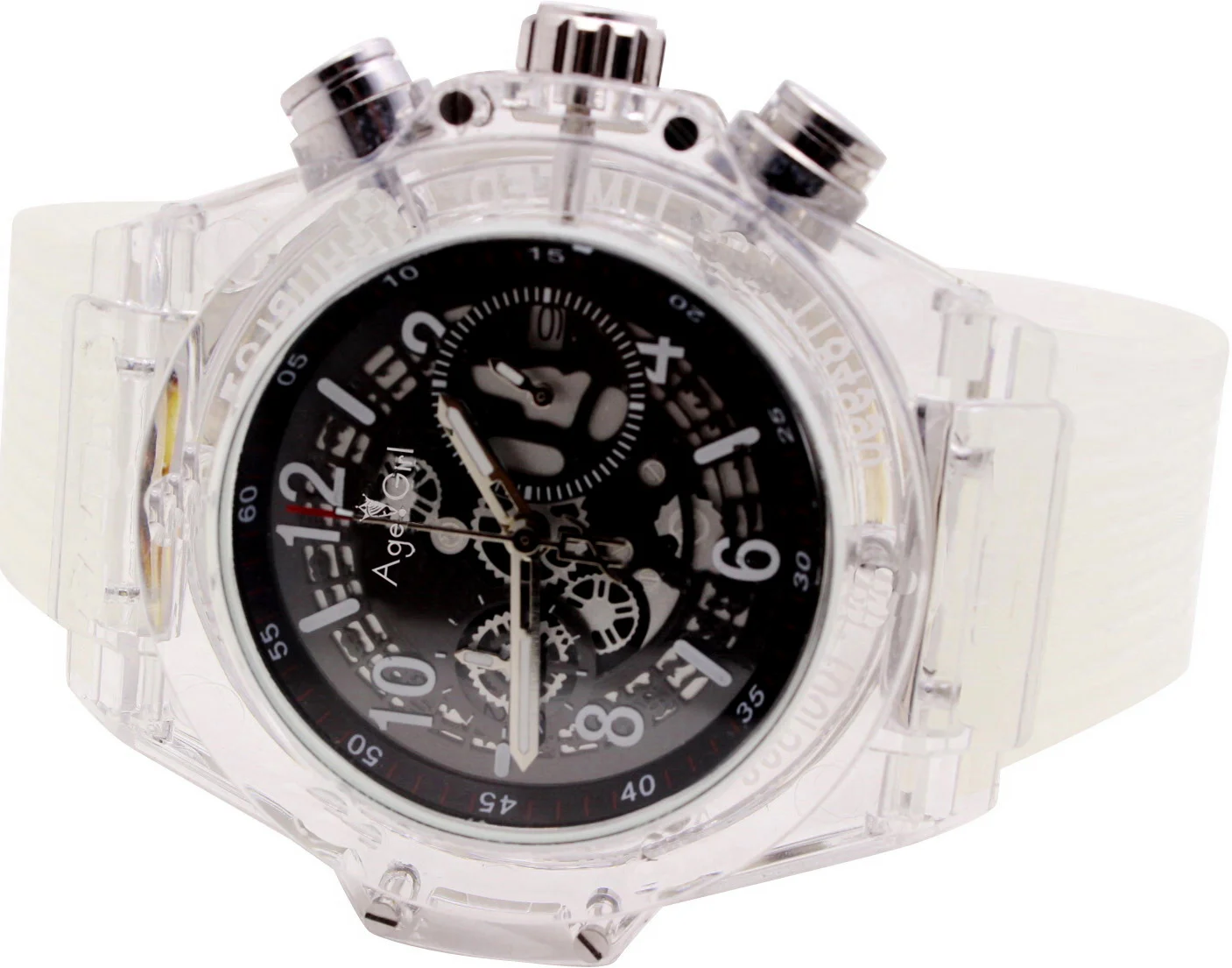 

New Men's Luxury Brand Quartz Chronograph White Black Blue Plastic Stainless Steel Glass Back See Through Transparent StopWatch