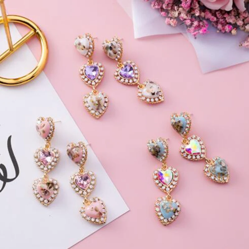 

Korea New Colorful Shell Love Heart Crystal Long Pendientes Mujer Moda Statement Rhinestone Drop Earrings