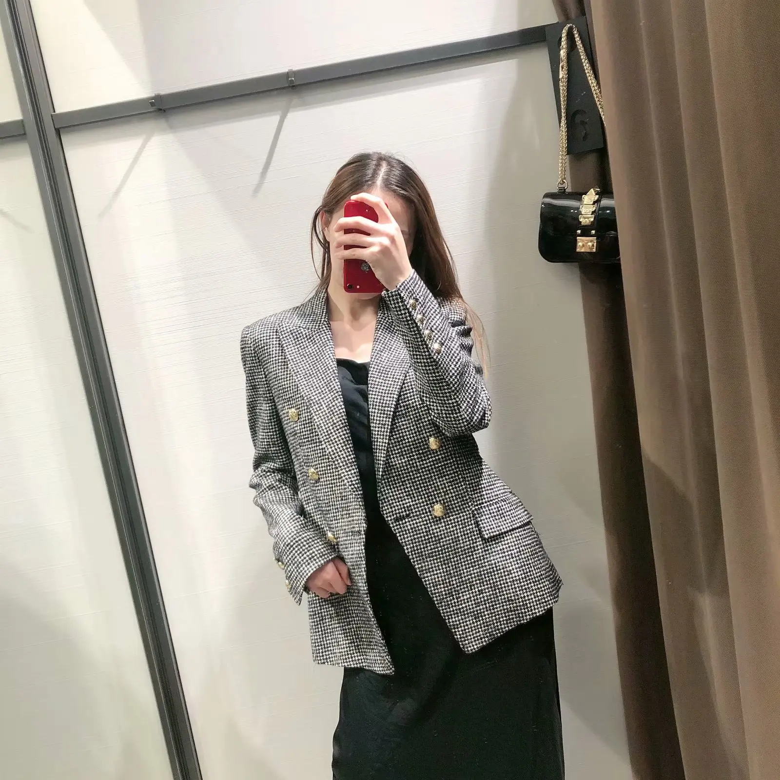 England women blazer elegant office lady Houndstooth Za blazer women outwear long sleeve double breasted female jacket blazer