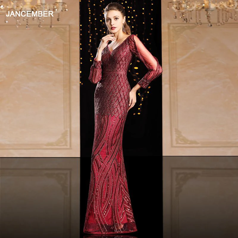 J9048 jancember mermaid long dress party evening women deep v-neck sleeve lace pattern red prom vestidos de noite | Свадьбы и