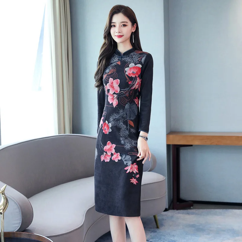 

Improved Cheongsam Long-sleeved Dress Women's Autumn 2019 New Style Retro Fashion Waist Hugging Elegant Ethnic-Style Skirt