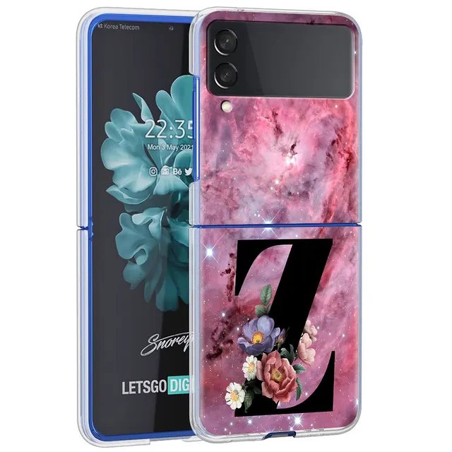 Letter A B Flowers Pink Case For Samsung Galaxy Z Flip 3 5G Transparent Hard Cell Phone Cover ZFlip3 Clear PC Luxury Fundas H26