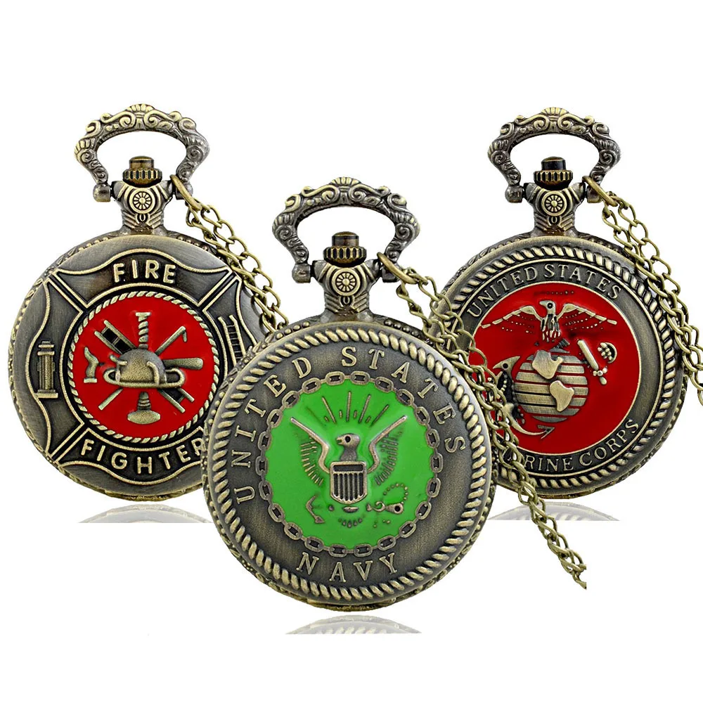 

IBEINA Fire Fighter Army USMC Theme Full Hunter Quartz Engraved Fob Retro Pendant Pocket Watch Chain Gift