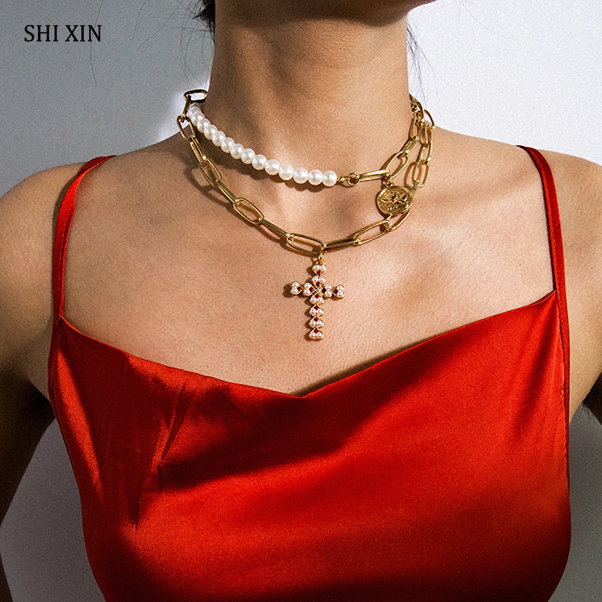 Многослойное жемчужное ожерелье SHIXIN с подвеской в виде ангела модное