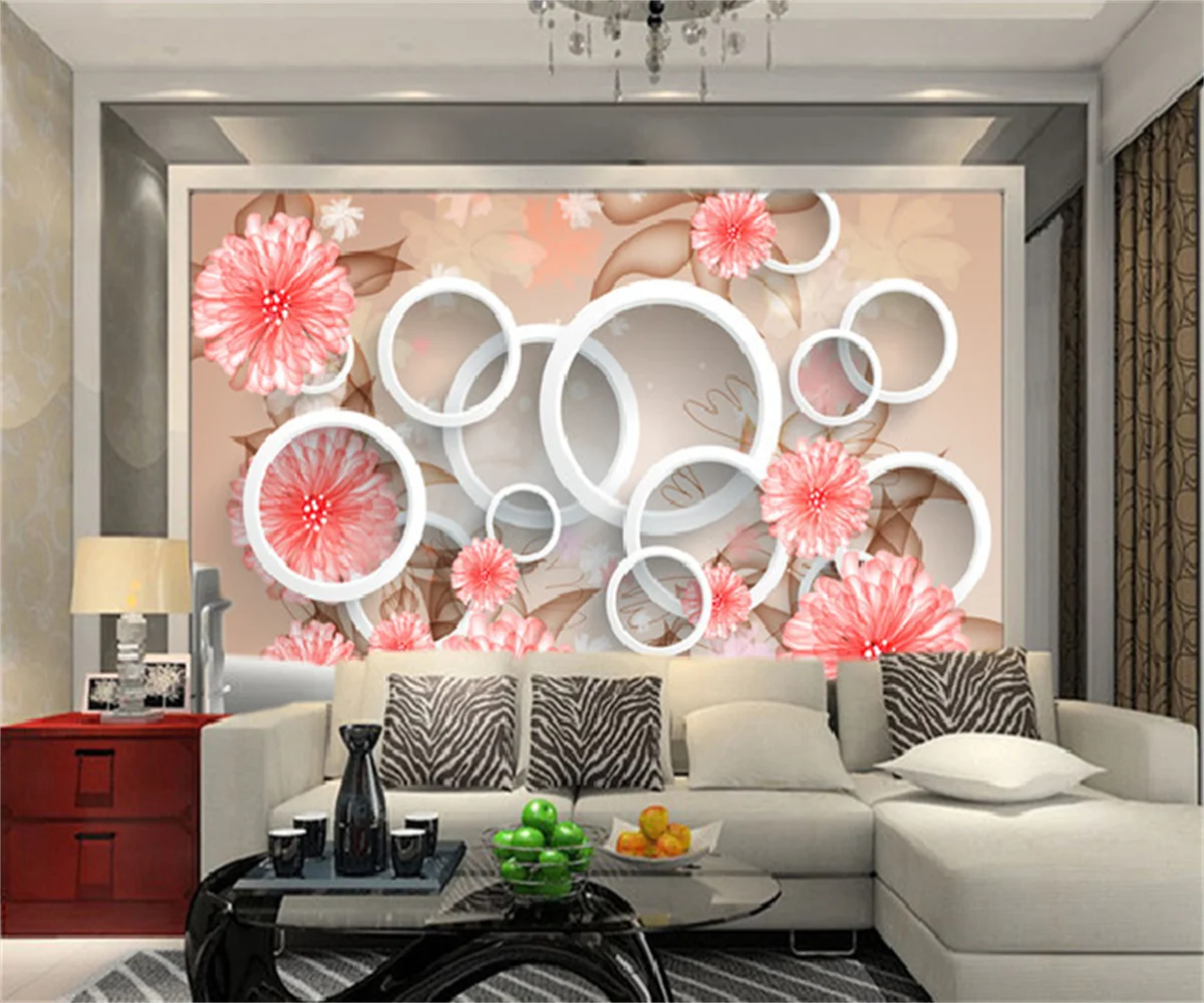 

Customize 3d any size wallpaper mural Europe and America elegant floral 3D circle living room TV background stickers papier