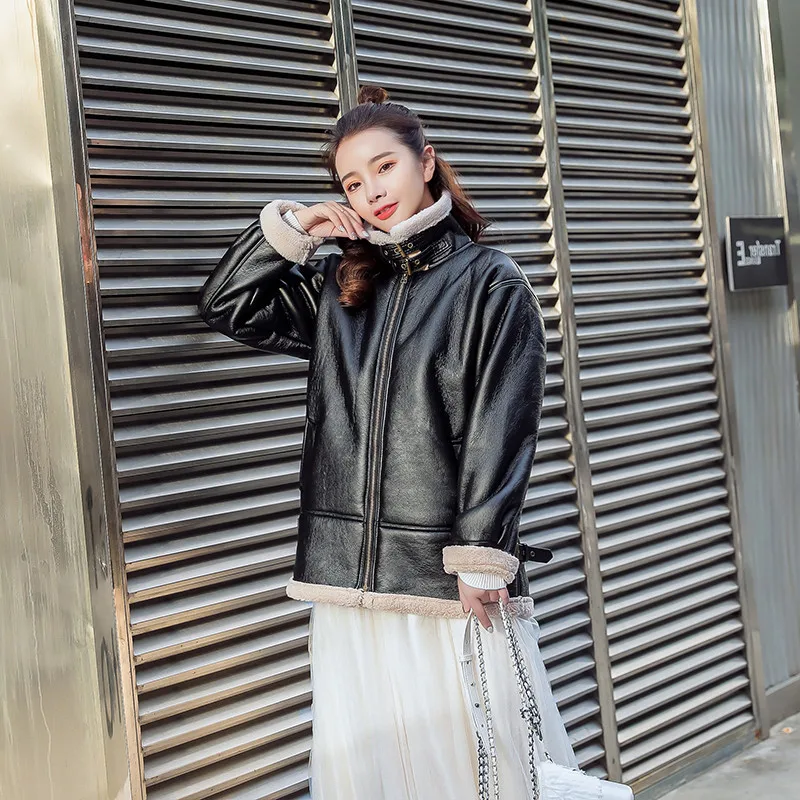 

Photo Shoot 2019 Autumn And Winter Jackets PU Leather Lambs Wool Brushed And Thick Short One-piece Leather Coat