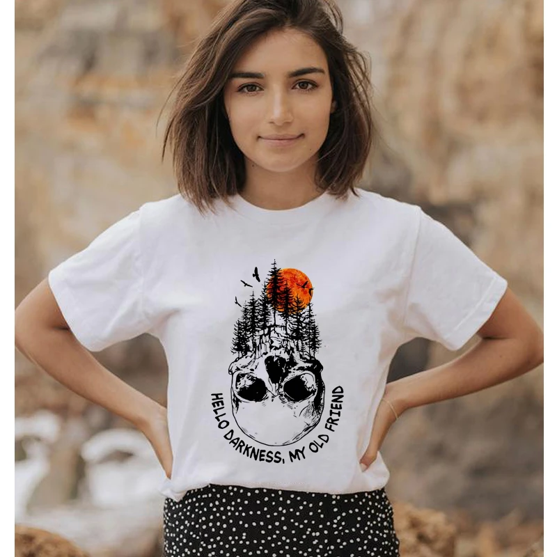 Hello Duisternis Mijn Oude Vriend Gekleurde Print T-shirt Trendy Skull Natuurlijke Grafische Tees Tops Grappige Vrouwen Wandelen Adventure Tshirt