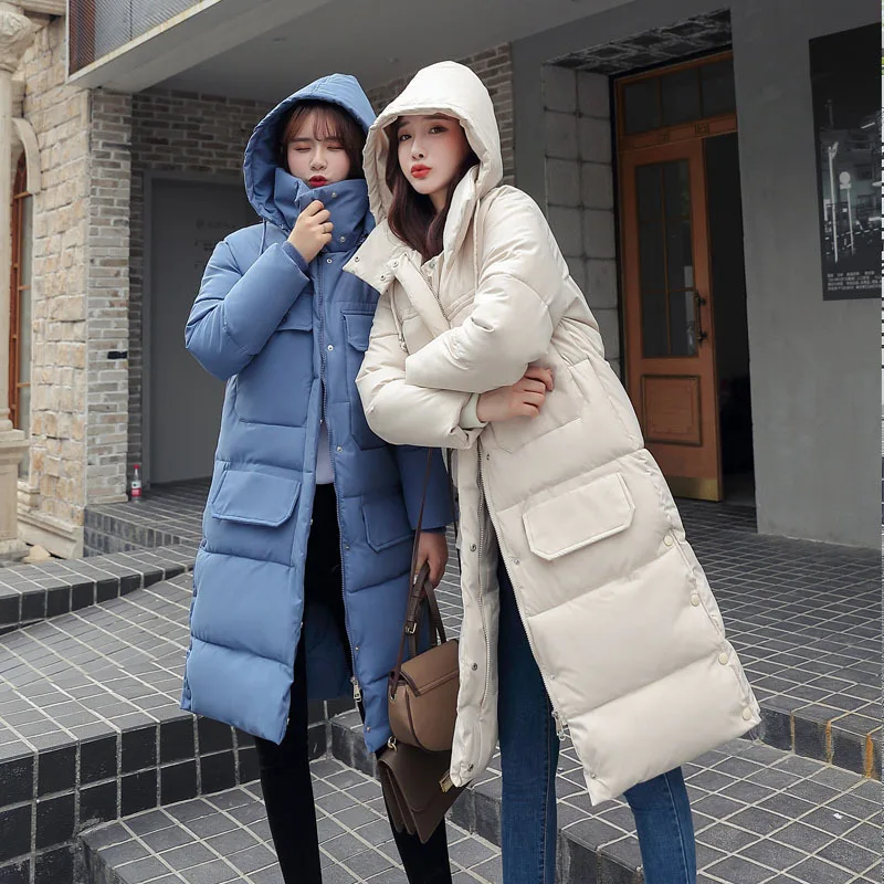 

College Style 2019 New Style down Jacket Cotton-padded Clothes WOMEN'S Dress Korean-style Long Fashion Hooded Thick over-the-Kne