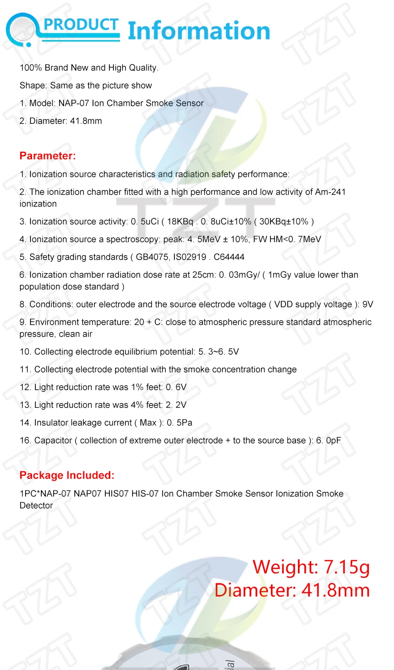 DIYTZT 1/3PCS NAP-07 NAP07 HIS07 HIS-07 Ionenkammer Rauchsensor Ionisierung Rauchmelder für Arduino – Detail 1